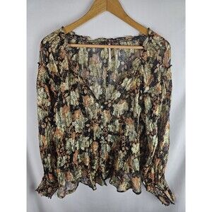 Free People Size Small Scorpio Metallic Gold Black Button Long Sleeve Top Blouse